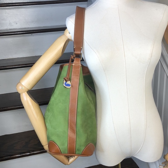 VINTAGE DOONEY BOURKE Hobo Brown Shoulder Strap Green Suede Bag with Pin Lock - Picture 3 of 17